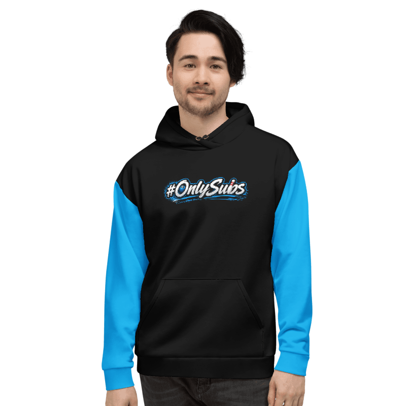 OnlySubs Signature Performance Hoodie front, black body and electric-blue sleeves