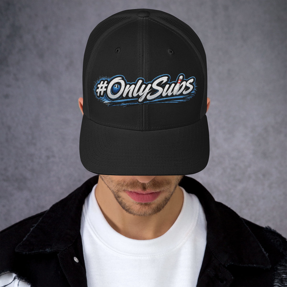 OnlySubs Core Trucker Hat in Black with embroidered bowling wordmark, front
