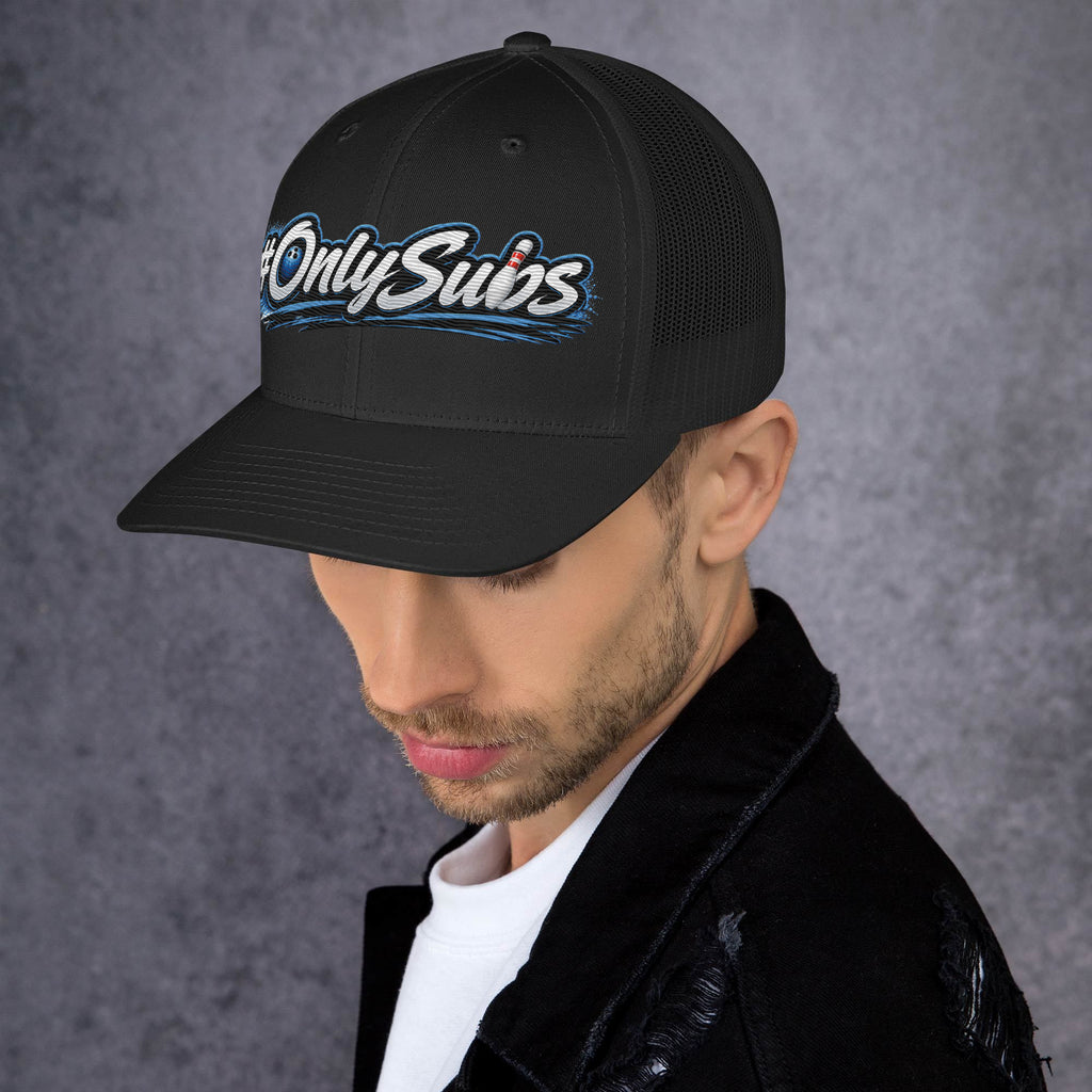 OnlySubs Core Trucker Hat in Black with embroidered bowling wordmark, left view