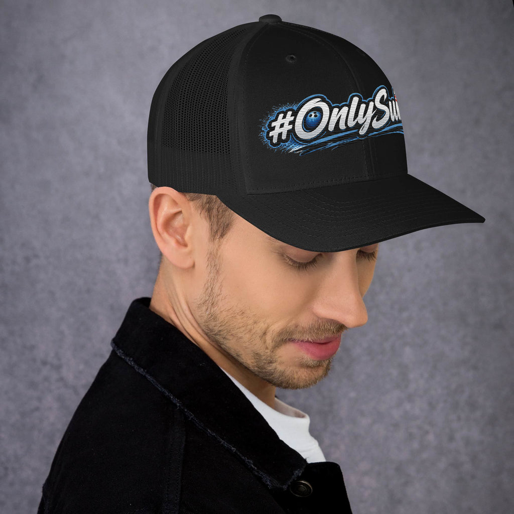 OnlySubs Core Trucker Hat in Black with embroidered bowling wordmark, right view