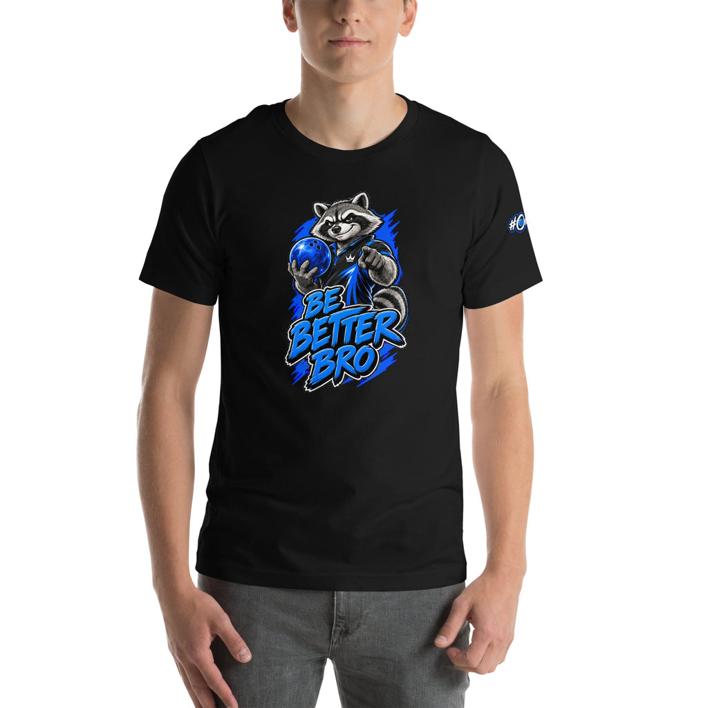 Be Better Bro electric-blue Raku front print on a black Bella + Canvas 3001 tee