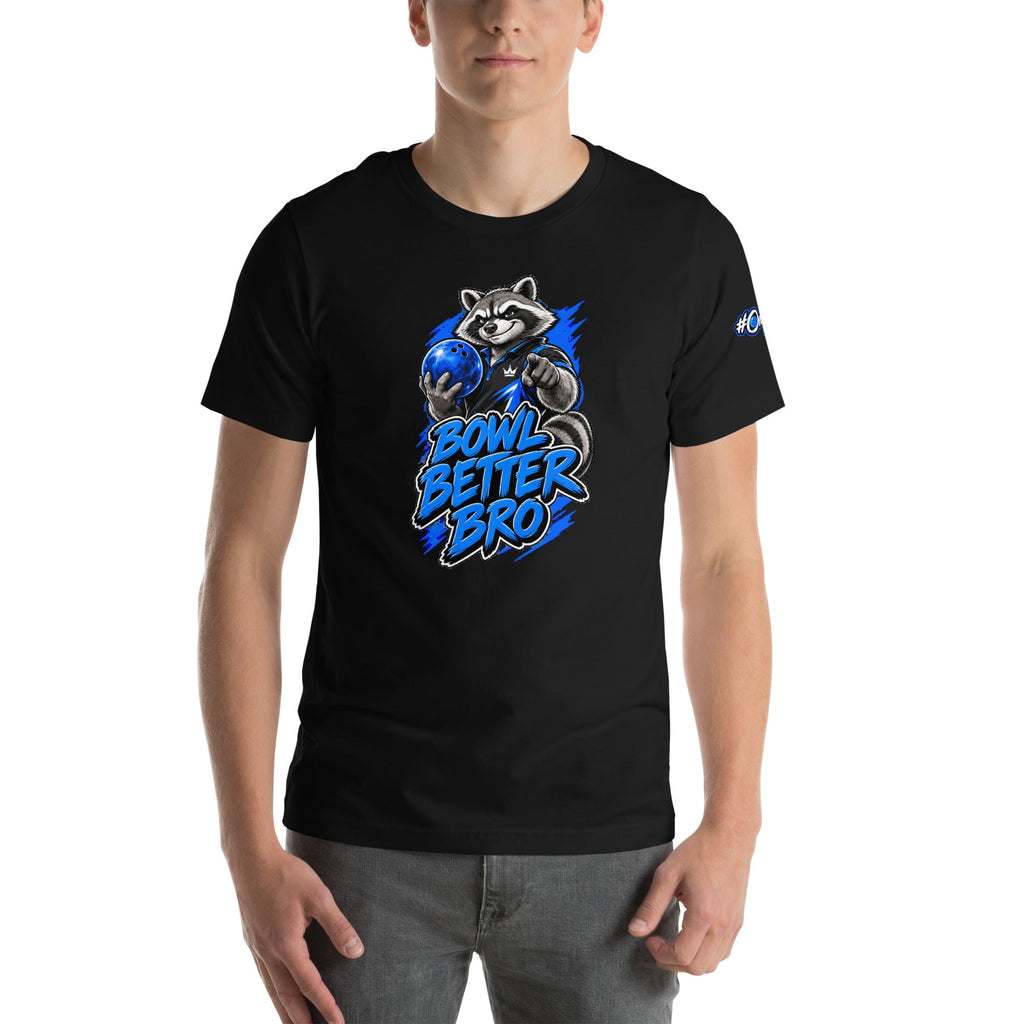 Bowl Better Bro electric-blue Raku front print on black Bella + Canvas 3001 tee